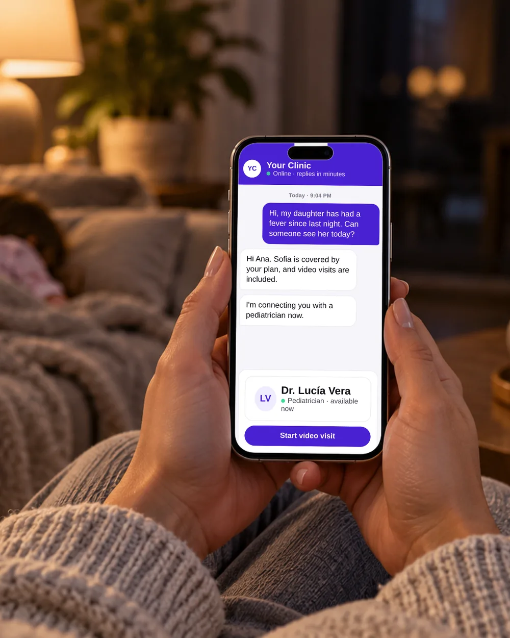 At home at night, a mother messages the clinic from her phone and is offered a video visit with a pediatrician